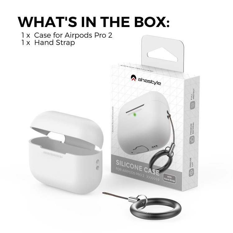 AHASTYLE PT187-G Shockproof Silicone Case for Apple AirPods Pro 2 Earphone Charging Bin Drop Protection Cover with Carrying Loop Strap - White