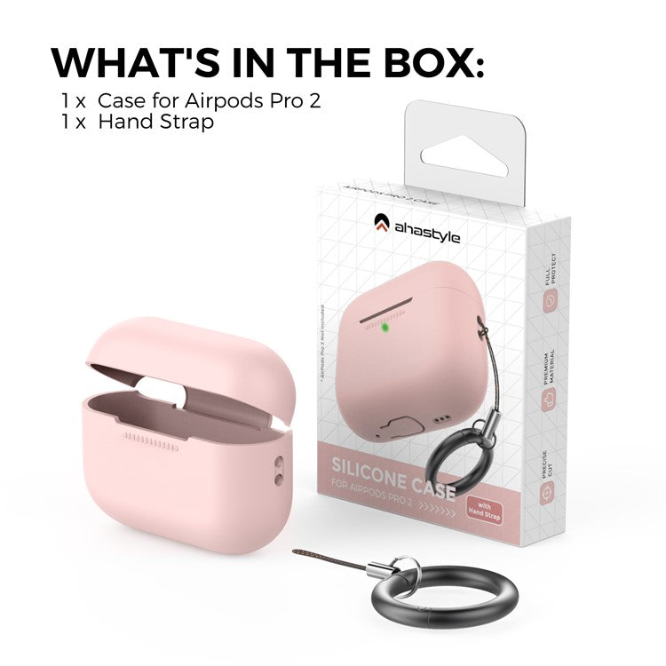 AHASTYLE PT187-G Shockproof Silicone Case for Apple AirPods Pro 2 Earphone Charging Bin Drop Protection Cover with Carrying Loop Strap - Pink