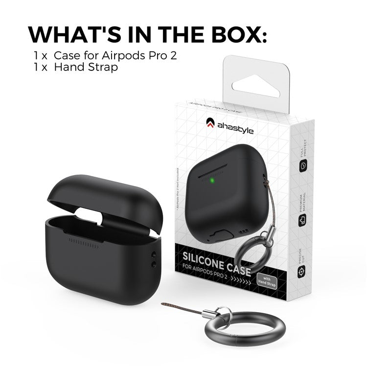 AHASTYLE PT187-G Shockproof Silicone Case for Apple AirPods Pro 2 Earphone Charging Bin Drop Protection Cover with Carrying Loop Strap - Black