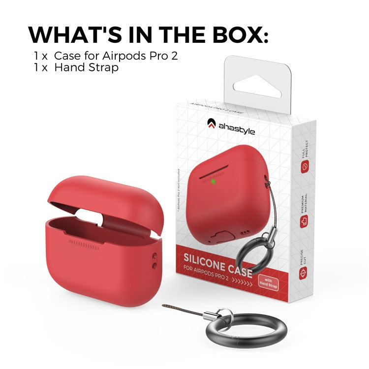 AHASTYLE PT187-G Shockproof Silicone Case for Apple AirPods Pro 2 Earphone Charging Bin Drop Protection Cover with Carrying Loop Strap - Red