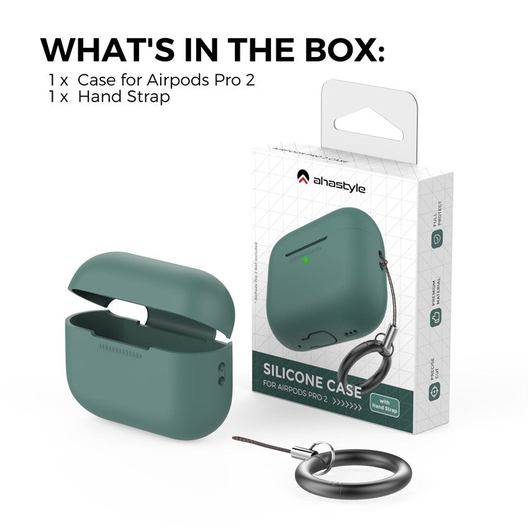 AHASTYLE PT187-G Shockproof Silicone Case for Apple AirPods Pro 2 Earphone Charging Bin Drop Protection Cover with Carrying Loop Strap - Green