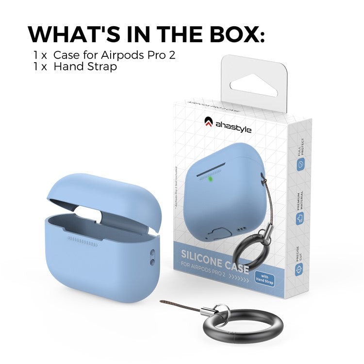 AHASTYLE PT187-G Shockproof Silicone Case for Apple AirPods Pro 2 Earphone Charging Bin Drop Protection Cover with Carrying Loop Strap - Sky Blue