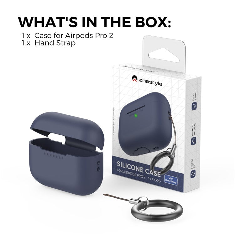 AHASTYLE PT187-G Shockproof Silicone Case for Apple AirPods Pro 2 Earphone Charging Bin Drop Protection Cover with Carrying Loop Strap - Midnight Blue