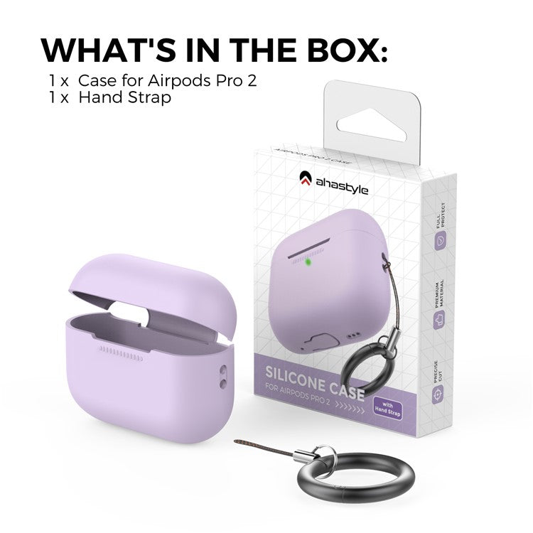 AHASTYLE PT187-G Shockproof Silicone Case for Apple AirPods Pro 2 Earphone Charging Bin Drop Protection Cover with Carrying Loop Strap - Purple