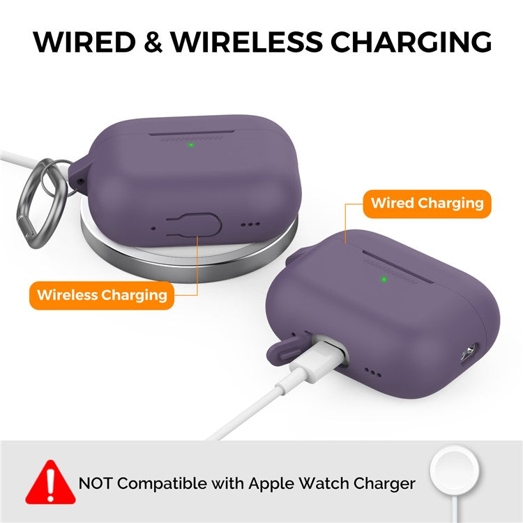 AHASTYLE PT193 For Apple AirPods Pro 2 Earphone Charging Bin Shockproof Silicone Case Impact-resistant Shell Cover with Carabiner - Dark Purple