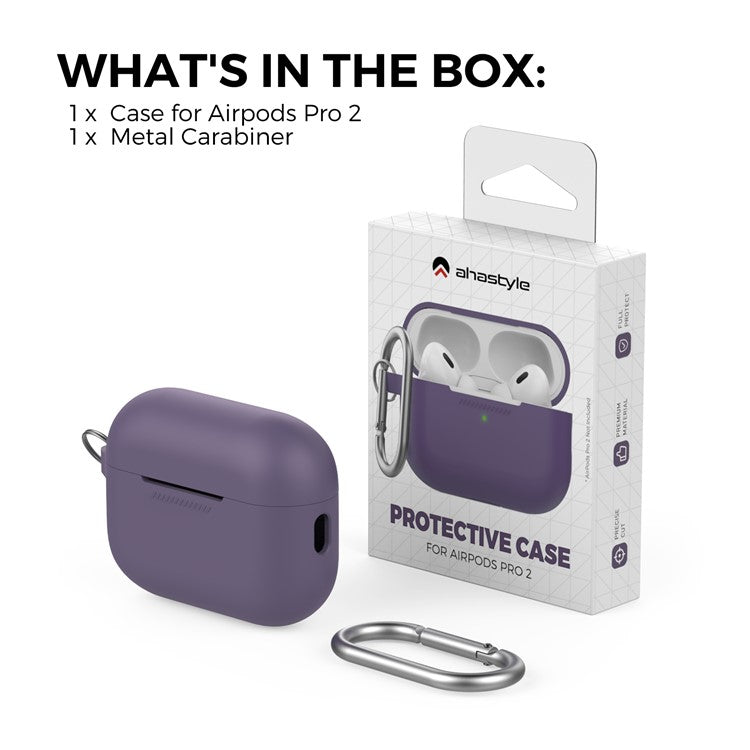 AHASTYLE PT193 For Apple AirPods Pro 2 Earphone Charging Bin Shockproof Silicone Case Impact-resistant Shell Cover with Carabiner - Dark Purple