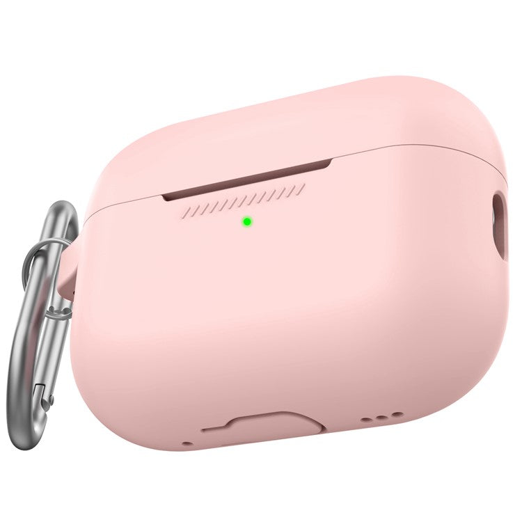 AHASTYLE PT193 For Apple AirPods Pro 2 Earphone Charging Bin Shockproof Silicone Case Impact-resistant Shell Cover with Carabiner - Pink