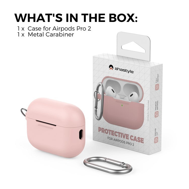 AHASTYLE PT193 For Apple AirPods Pro 2 Earphone Charging Bin Shockproof Silicone Case Impact-resistant Shell Cover with Carabiner - Pink