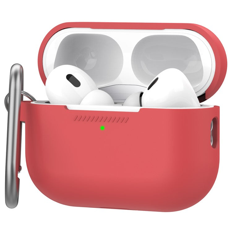 AHASTYLE PT193 For Apple AirPods Pro 2 Earphone Charging Bin Shockproof Silicone Case Impact-resistant Shell Cover with Carabiner - Red