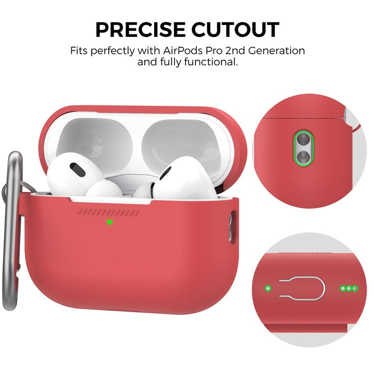 AHASTYLE PT193 For Apple AirPods Pro 2 Earphone Charging Bin Shockproof Silicone Case Impact-resistant Shell Cover with Carabiner - Red