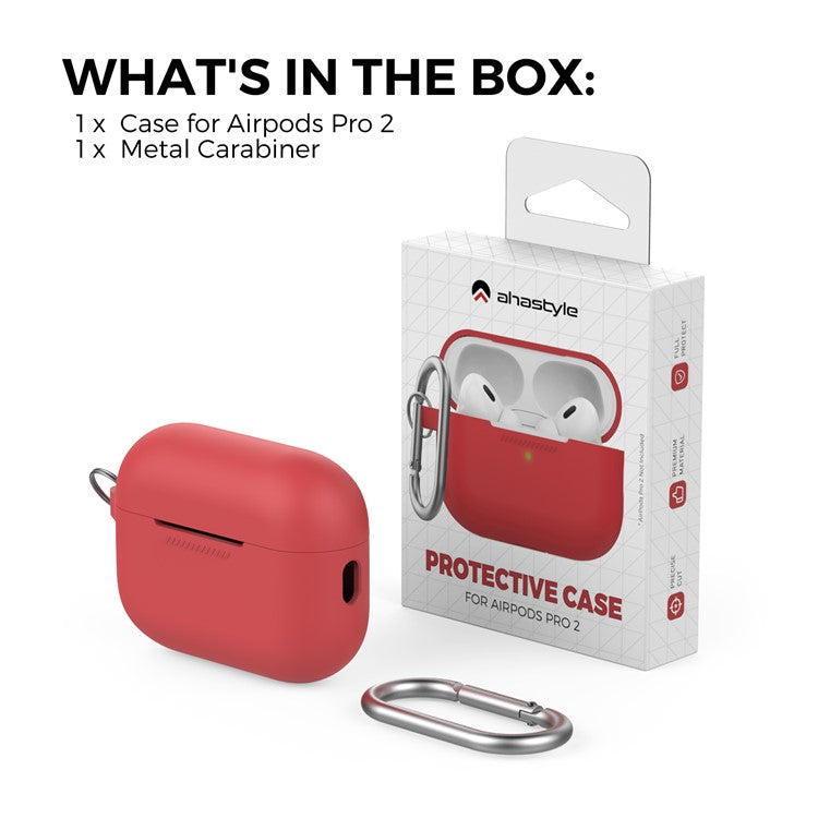 AHASTYLE PT193 For Apple AirPods Pro 2 Earphone Charging Bin Shockproof Silicone Case Impact-resistant Shell Cover with Carabiner - Red