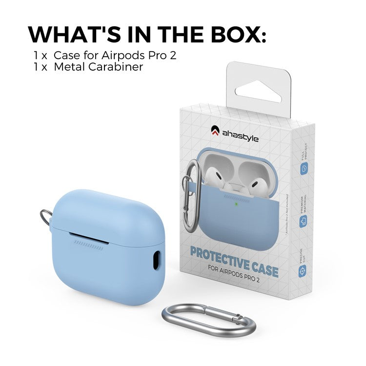 AHASTYLE PT193 For Apple AirPods Pro 2 Earphone Charging Bin Shockproof Silicone Case Impact-resistant Shell Cover with Carabiner - Blue