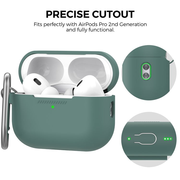 AHASTYLE PT193 For Apple AirPods Pro 2 Earphone Charging Bin Shockproof Silicone Case Impact-resistant Shell Cover with Carabiner - Green