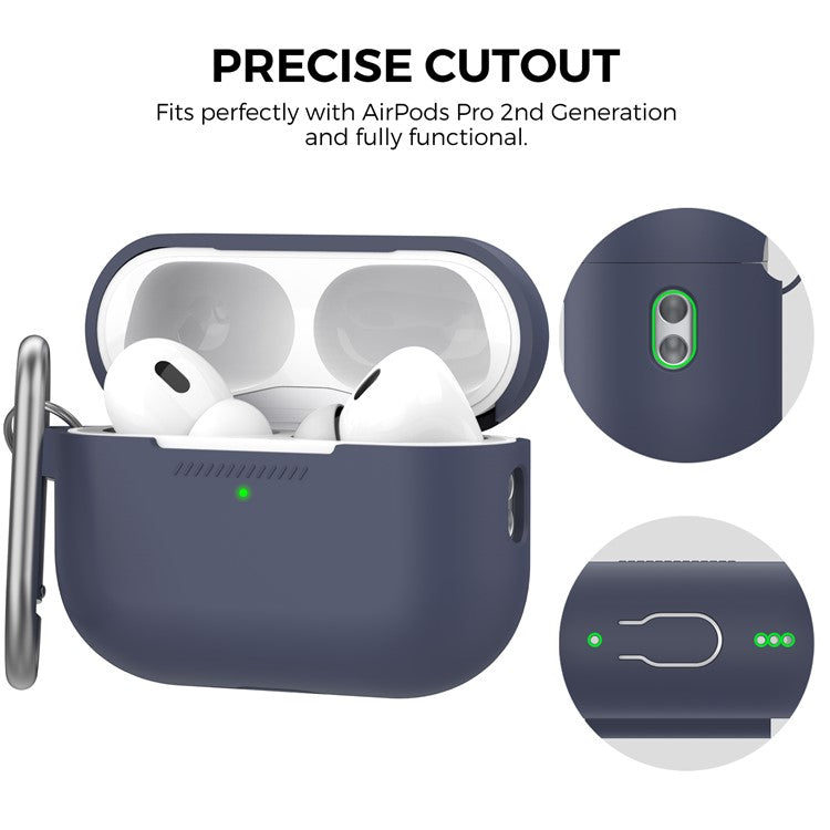 AHASTYLE PT193 For Apple AirPods Pro 2 Earphone Charging Bin Shockproof Silicone Case Impact-resistant Shell Cover with Carabiner - Midnight Blue