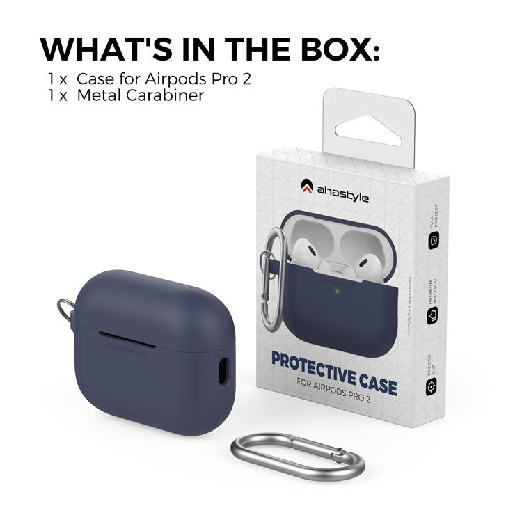 AHASTYLE PT193 For Apple AirPods Pro 2 Earphone Charging Bin Shockproof Silicone Case Impact-resistant Shell Cover with Carabiner - Midnight Blue