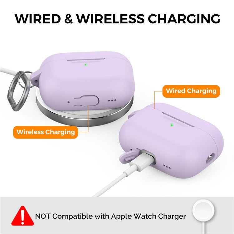 AHASTYLE PT193 For Apple AirPods Pro 2 Earphone Charging Bin Shockproof Silicone Case Impact-resistant Shell Cover with Carabiner - Purple