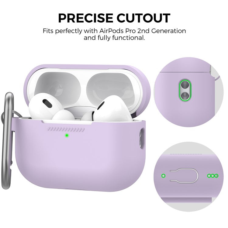 AHASTYLE PT193 For Apple AirPods Pro 2 Earphone Charging Bin Shockproof Silicone Case Impact-resistant Shell Cover with Carabiner - Purple