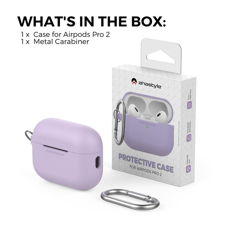 AHASTYLE PT193 For Apple AirPods Pro 2 Earphone Charging Bin Shockproof Silicone Case Impact-resistant Shell Cover with Carabiner - Purple