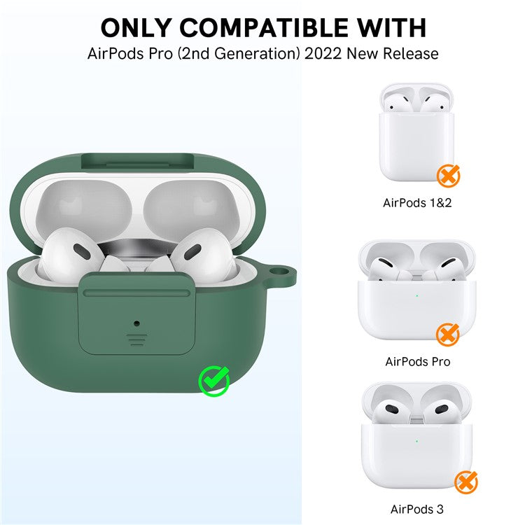 AHASTYLE WG108 Silicone Case for AirPods Pro 2 Case Cover Anti-Fall Integrated Bluetooth Headset Protector with Strap, Hook - Midnight Green