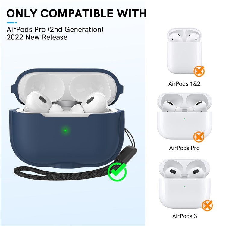 AHASTYLE WE15 Silicone Cover for AirPods Pro 2 Case Magnetic Wireless Charging Headset Protective Case with Strap - Midnight Blue