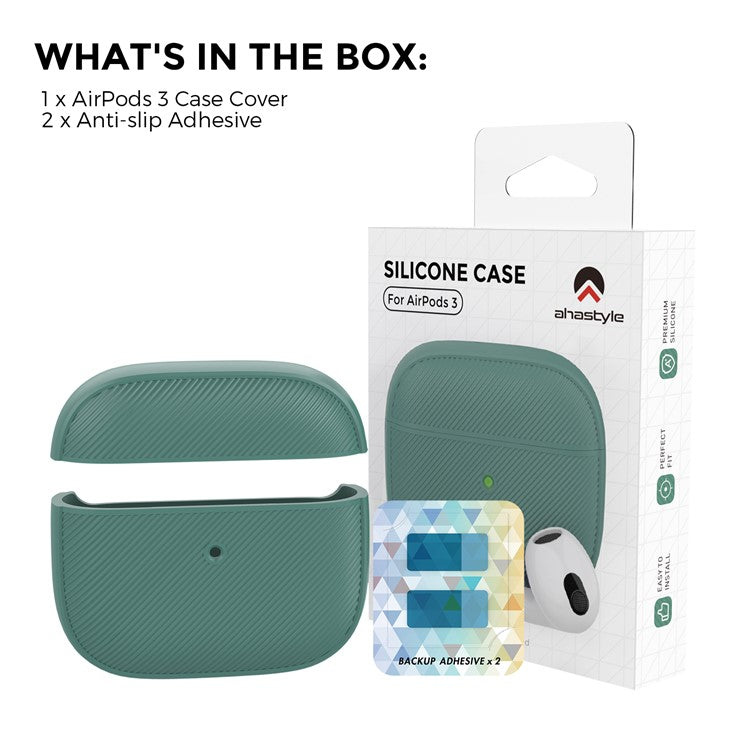 AHASTYLE PT177 For Apple AirPods 3 Stripe Design Bluetooth Earphone Drop-proof Cover  Splittable Soft Silicone Protective Case - Midnight Green