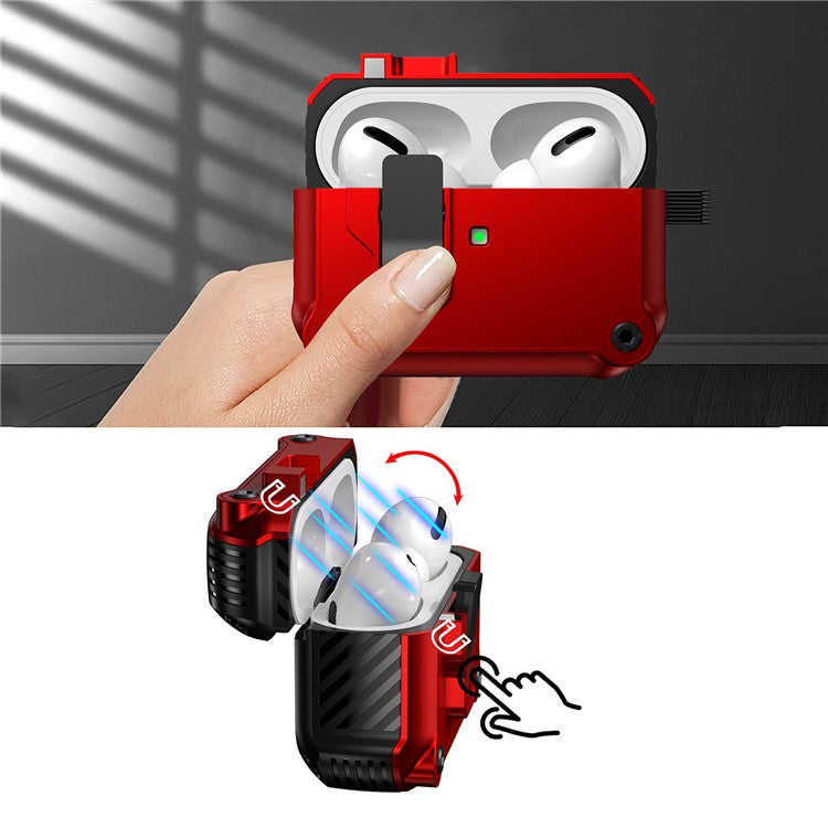 Earphone Case for Apple AirPods Pro 2, Bluetooth Earbuds TPU+PC Cover with Auto Opening Lock and Carabiner - Red