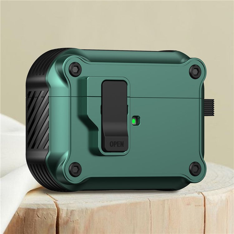 Earphone Case for Apple AirPods Pro 2, Bluetooth Earbuds TPU+PC Cover with Auto Opening Lock and Carabiner - Green