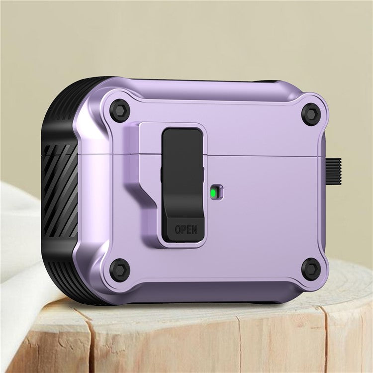 Earphone Case for Apple AirPods Pro 2, Bluetooth Earbuds TPU+PC Cover with Auto Opening Lock and Carabiner - Purple