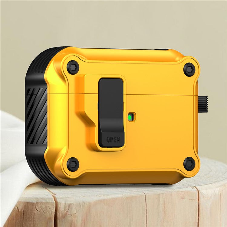 Earphone Case for Apple AirPods Pro 2, Bluetooth Earbuds TPU+PC Cover with Auto Opening Lock and Carabiner - Yellow