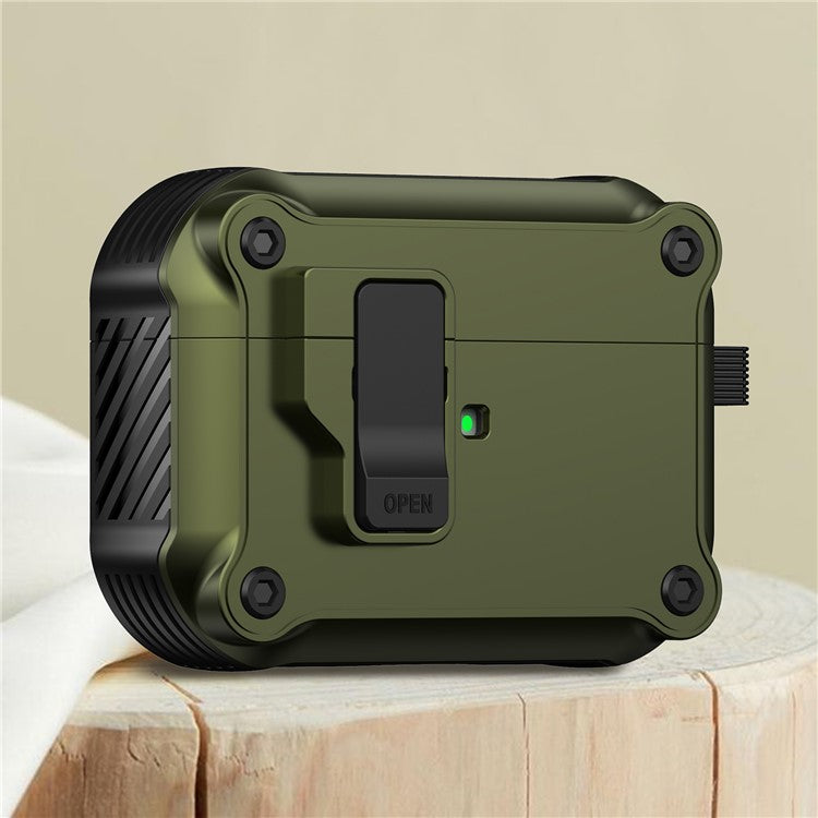 Earphone Case for Apple AirPods Pro 2, Bluetooth Earbuds TPU+PC Cover with Auto Opening Lock and Carabiner - Army Green