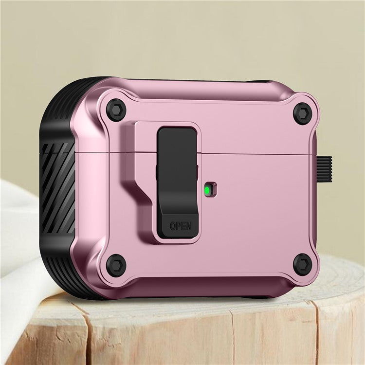 Earphone Case for Apple AirPods Pro 2, Bluetooth Earbuds TPU+PC Cover with Auto Opening Lock and Carabiner - Pink