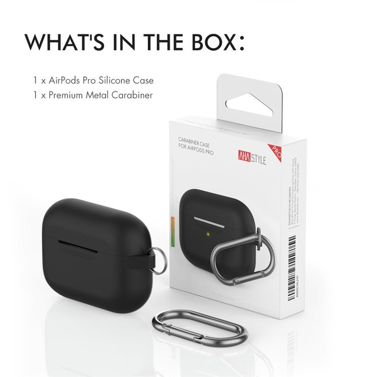 AHASTYLE PT-P1 Earphone Silicone Case for Apple AirPods Pro, Earbud Charging Box Full Protection Cover with Carabiner - Black