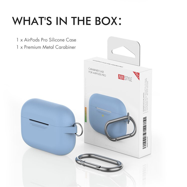 AHASTYLE PT-P1 Earphone Silicone Case for Apple AirPods Pro, Earbud Charging Box Full Protection Cover with Carabiner - Blue