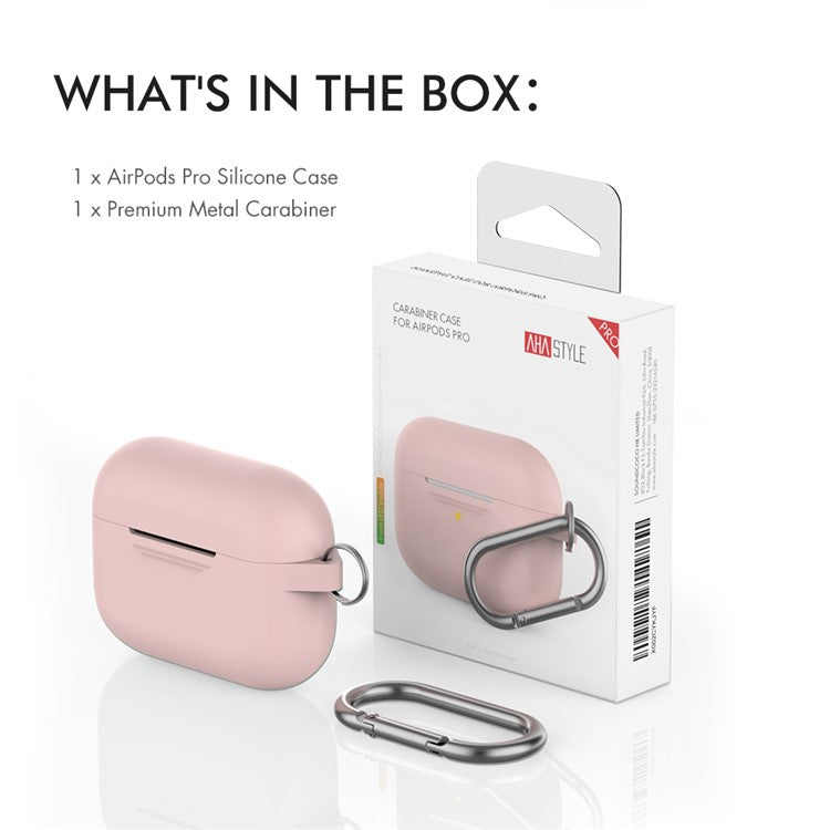 AHASTYLE PT-P1 Earphone Silicone Case for Apple AirPods Pro, Earbud Charging Box Full Protection Cover with Carabiner - Pink