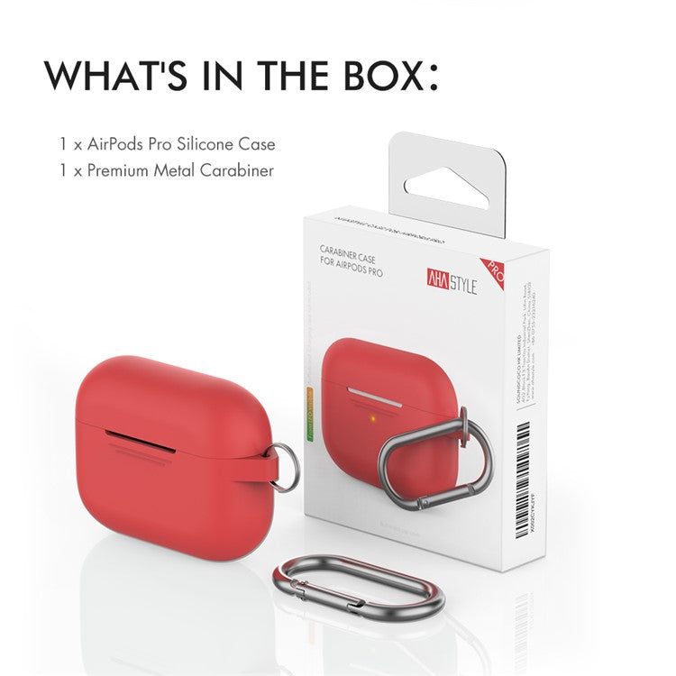 AHASTYLE PT-P1 Earphone Silicone Case for Apple AirPods Pro, Earbud Charging Box Full Protection Cover with Carabiner - Red