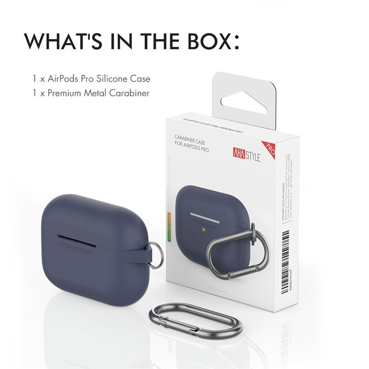 AHASTYLE PT-P1 Earphone Silicone Case for Apple AirPods Pro, Earbud Charging Box Full Protection Cover with Carabiner - Midnight Blue