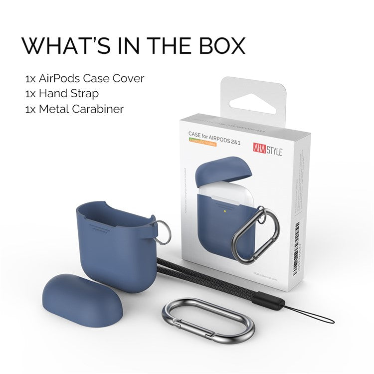 AHASTYLE PT-06-F For AirPods with Charging Case (2016) / (2019) / AirPods with Wireless Charging Case (2019) Anti-dust Plug Design Splittable Silicone Cover with Hook - Dark Blue