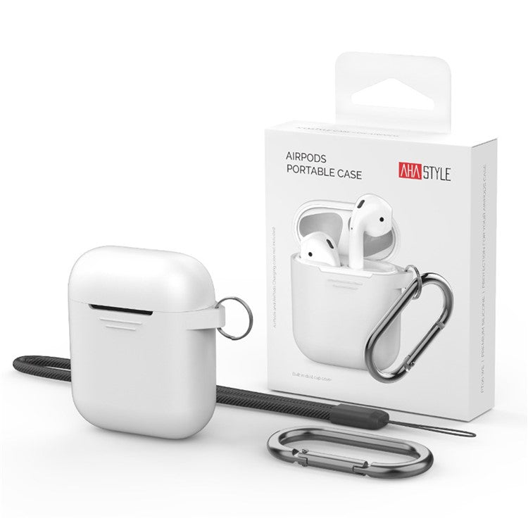 AHASTYLE PT-06-3 For AirPods with Charging Case (2016) / (2019) / AirPods with Wireless Charging Case (2019) Anti-dust Plug Design Soft Silicone Drop-proof Cover with Hook - White