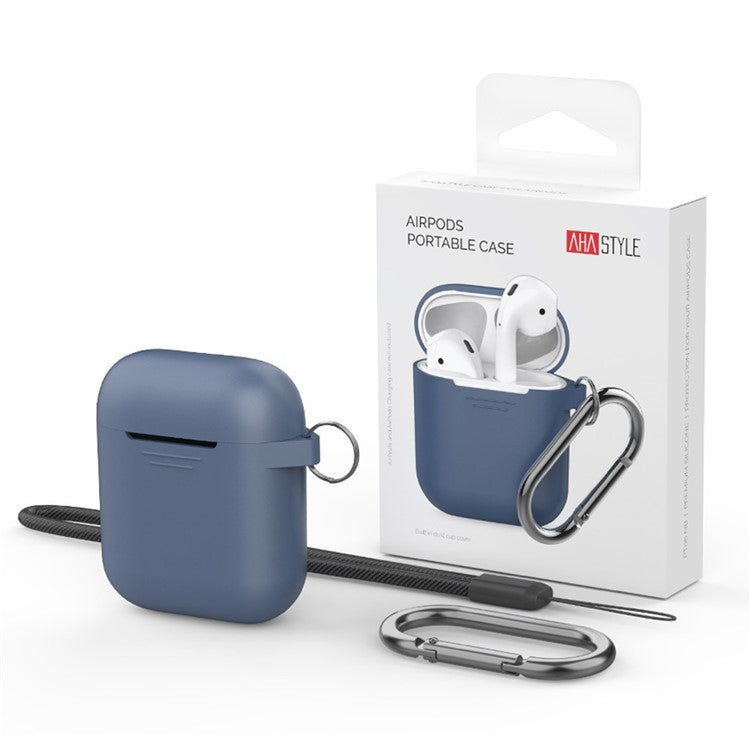 AHASTYLE PT-06-3 For AirPods with Charging Case (2016) / (2019) / AirPods with Wireless Charging Case (2019) Anti-dust Plug Design Soft Silicone Drop-proof Cover with Hook - Dark Blue