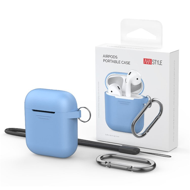 AHASTYLE PT-06-3 For AirPods with Charging Case (2016) / (2019) / AirPods with Wireless Charging Case (2019) Anti-dust Plug Design Soft Silicone Drop-proof Cover with Hook - Lake Blue