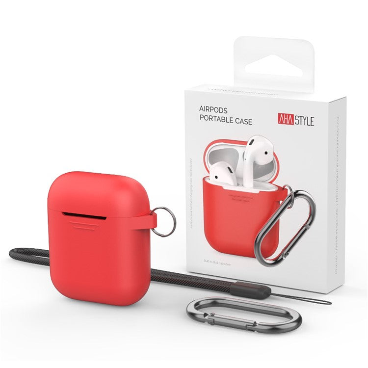 AHASTYLE PT-06-3 For AirPods with Charging Case (2016) / (2019) / AirPods with Wireless Charging Case (2019) Anti-dust Plug Design Soft Silicone Drop-proof Cover with Hook - Red