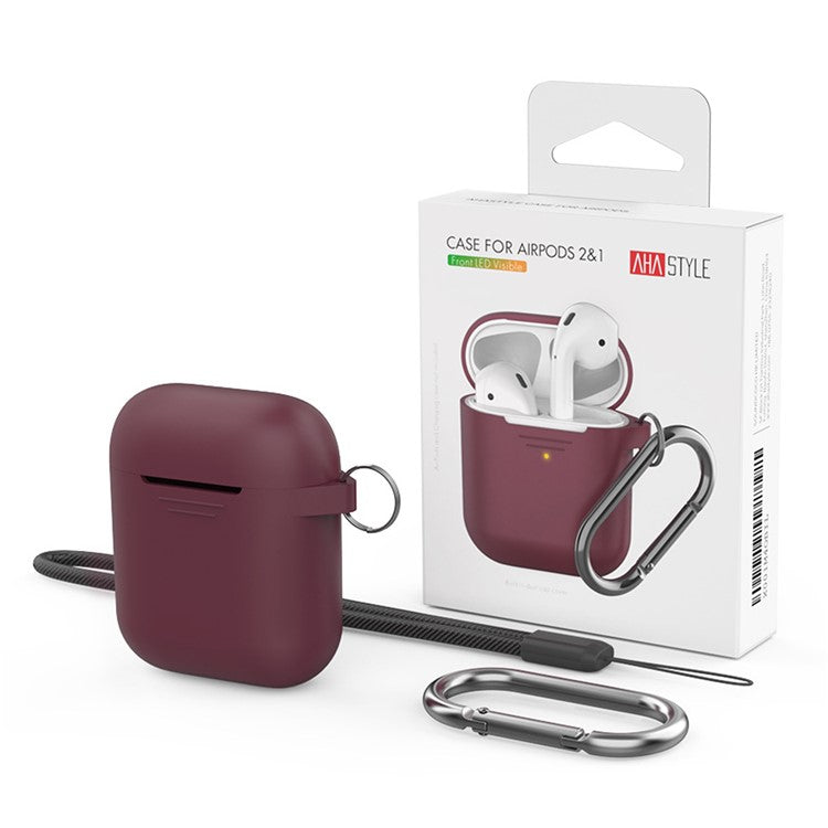 AHASTYLE PT-06-3 For AirPods with Charging Case (2016) / (2019) / AirPods with Wireless Charging Case (2019) Anti-dust Plug Design Soft Silicone Drop-proof Cover with Hook - Wine Red