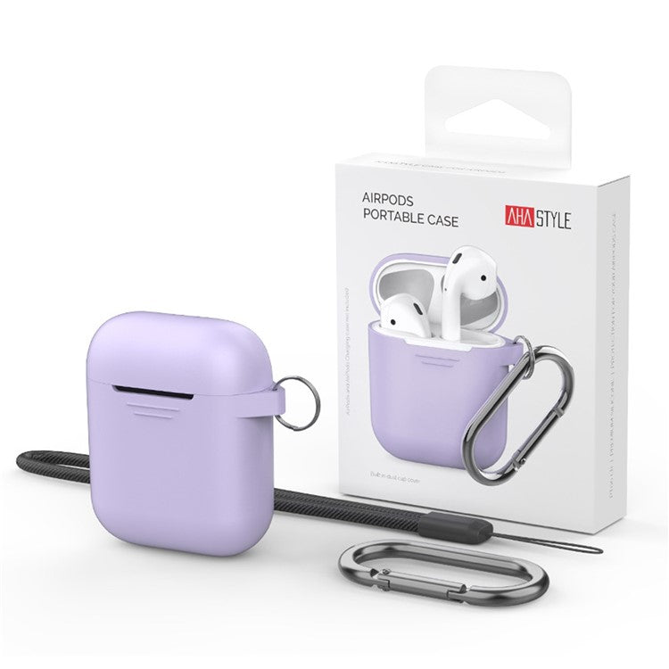 AHASTYLE PT-06-3 For AirPods with Charging Case (2016) / (2019) / AirPods with Wireless Charging Case (2019) Anti-dust Plug Design Soft Silicone Drop-proof Cover with Hook - Purple