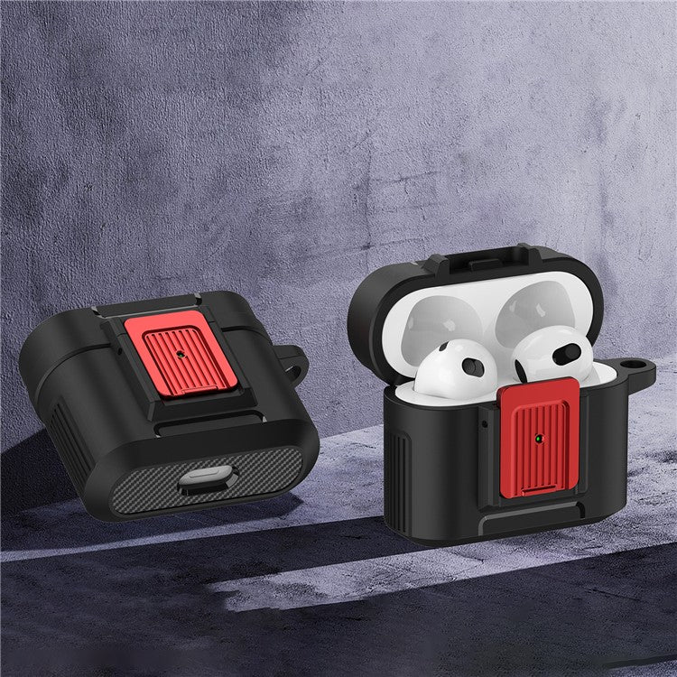 For Apple AirPods 3 Earphone Case PC + TPU Lock Design Earbud Cover with Hanging Buckle - Black  /  Red