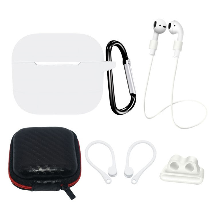 6 in 1 For Apple AirPods 3 Portable Carrying Bag Headset Silicone Case Set with Earbuds Holder / Anti-Lost Neck Strap - White