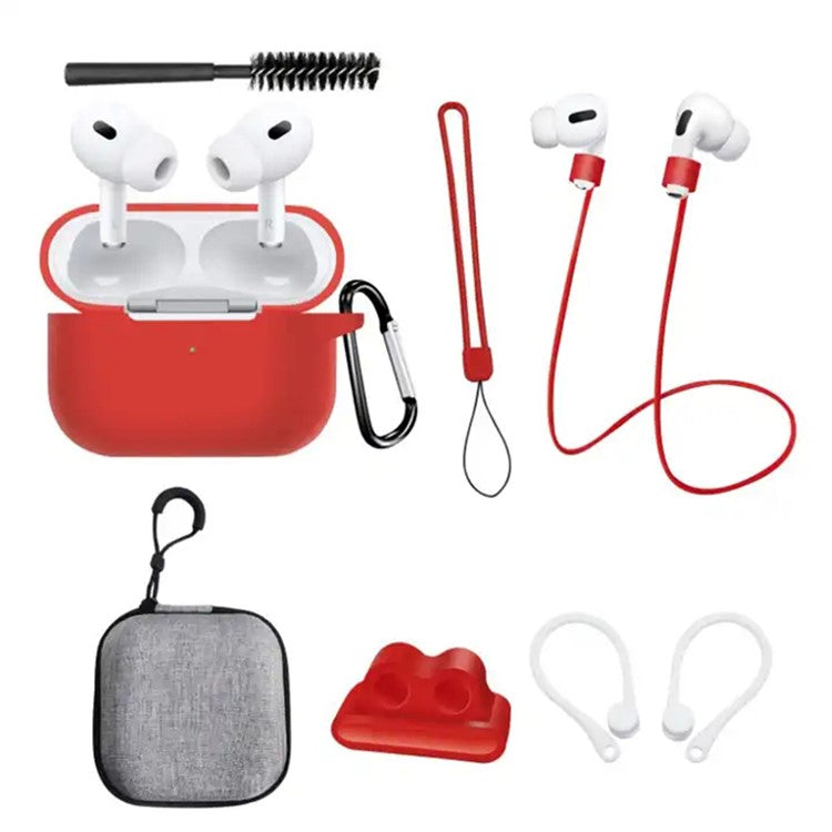 8 in 1 Portable Storage Bag Set for AirPods Pro 2 Silicone Case with Strap / Neck Strap / Cleaning Brush - Red