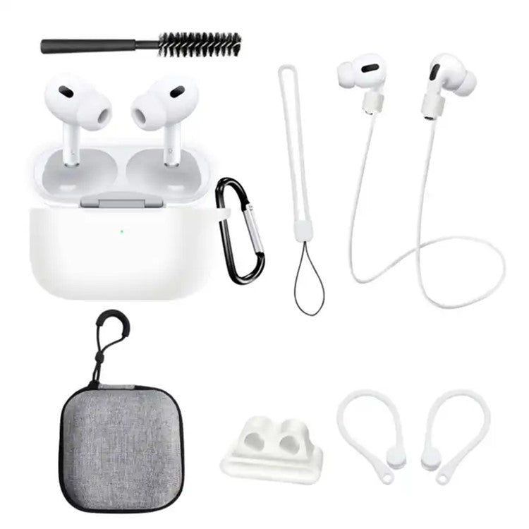 8 in 1 Portable Storage Bag Set for AirPods Pro 2 Silicone Case with Strap / Neck Strap / Cleaning Brush - White