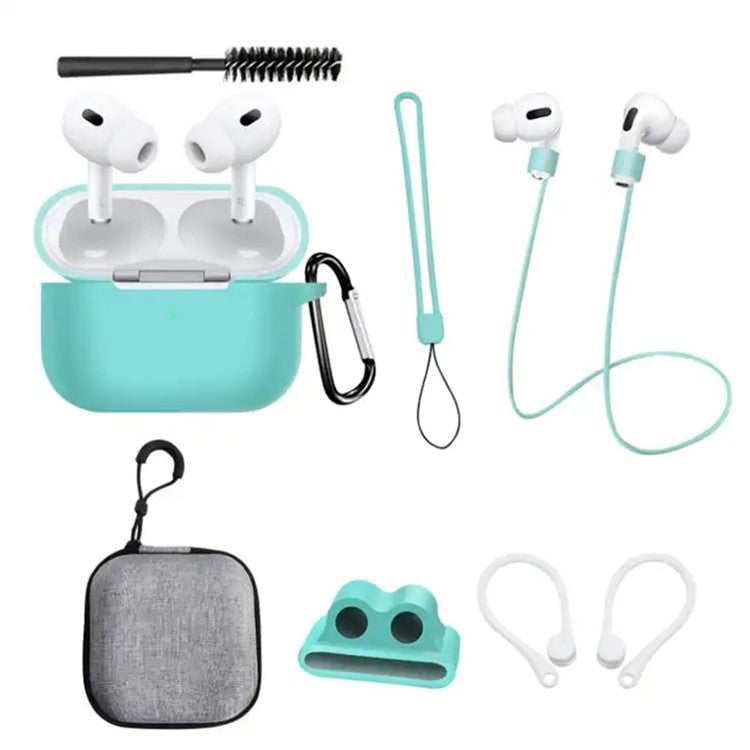 8 in 1 Portable Storage Bag Set for AirPods Pro 2 Silicone Case with Strap / Neck Strap / Cleaning Brush - Mint Green