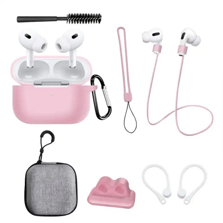 8 in 1 Portable Storage Bag Set for AirPods Pro 2 Silicone Case with Strap / Neck Strap / Cleaning Brush - Pink