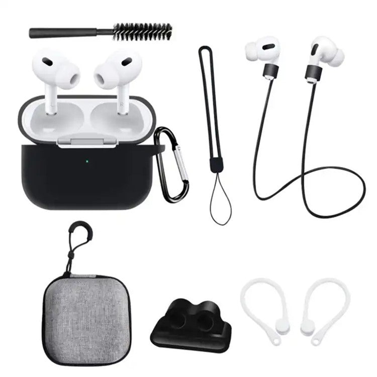 8 in 1 Portable Storage Bag Set for AirPods Pro 2 Silicone Case with Strap / Neck Strap / Cleaning Brush - Black